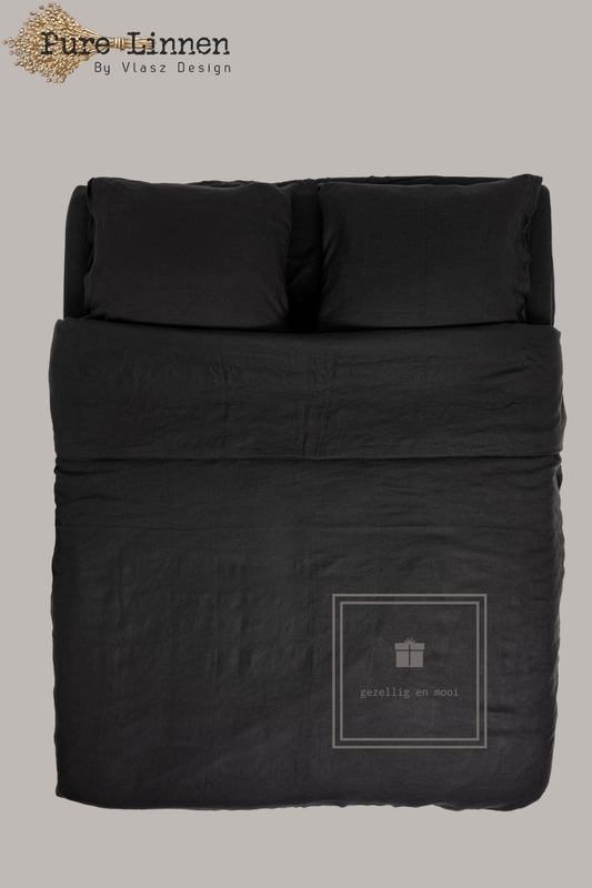 Pure Linnen Dekbedovertrek Zwart/Strikjes