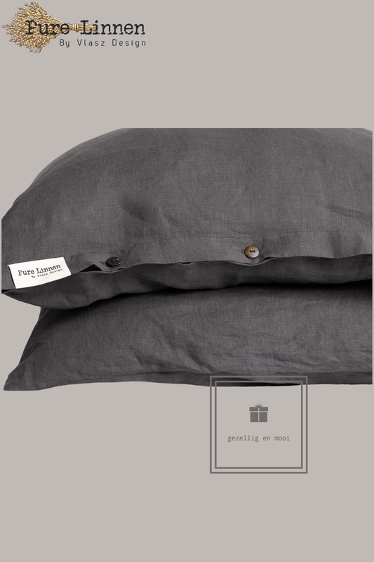 Pure Linnen Kussensloop Donkergrijs/Knopen 60x70