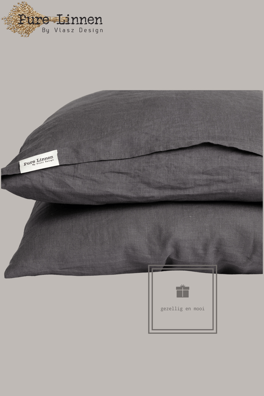 Pure Linnen Kussensloop Donkergrijs/Instopstrook 60x70