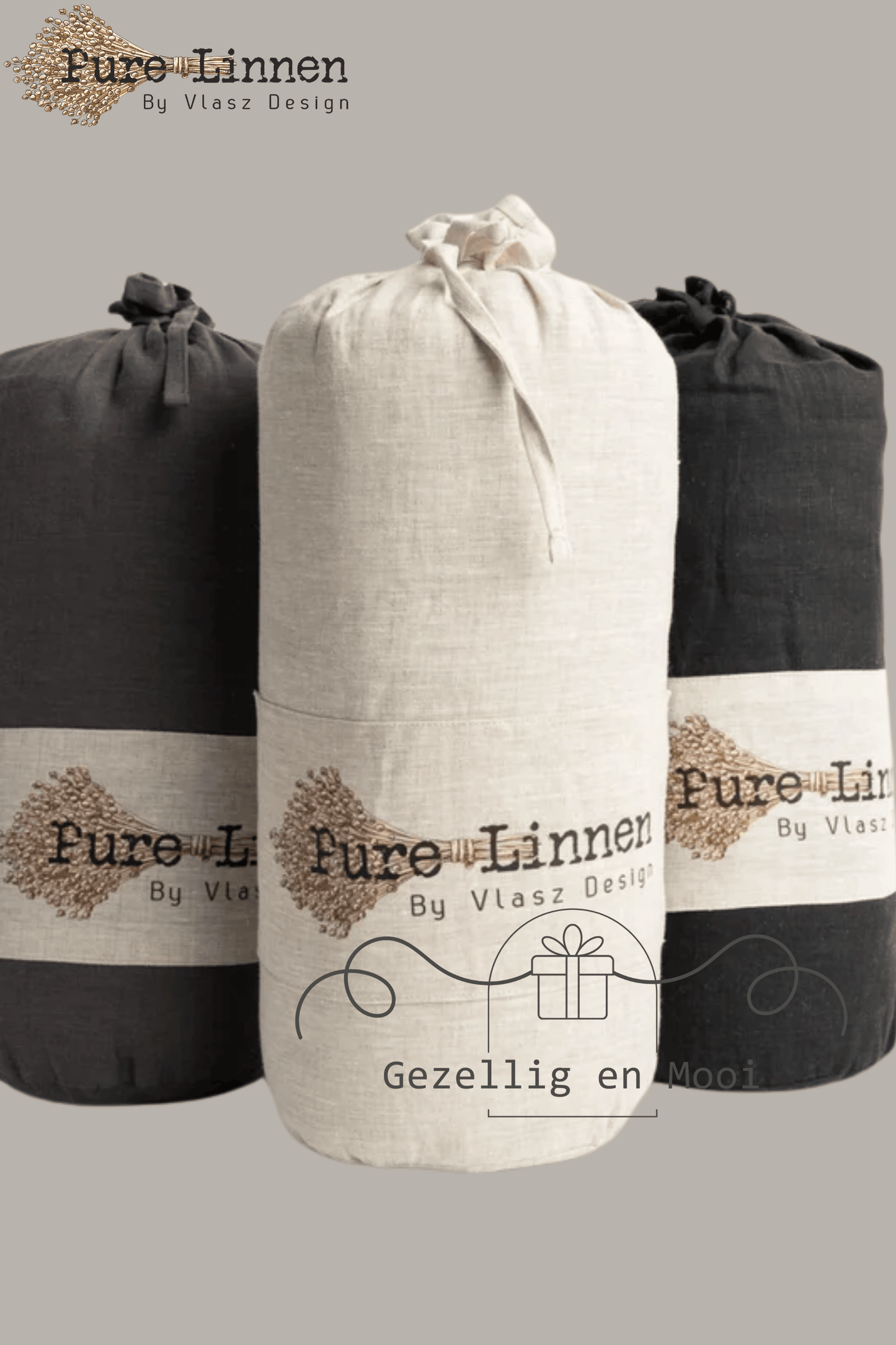 Pure linnen Bedloper/Bedrunner Donkergrijs/Strepen