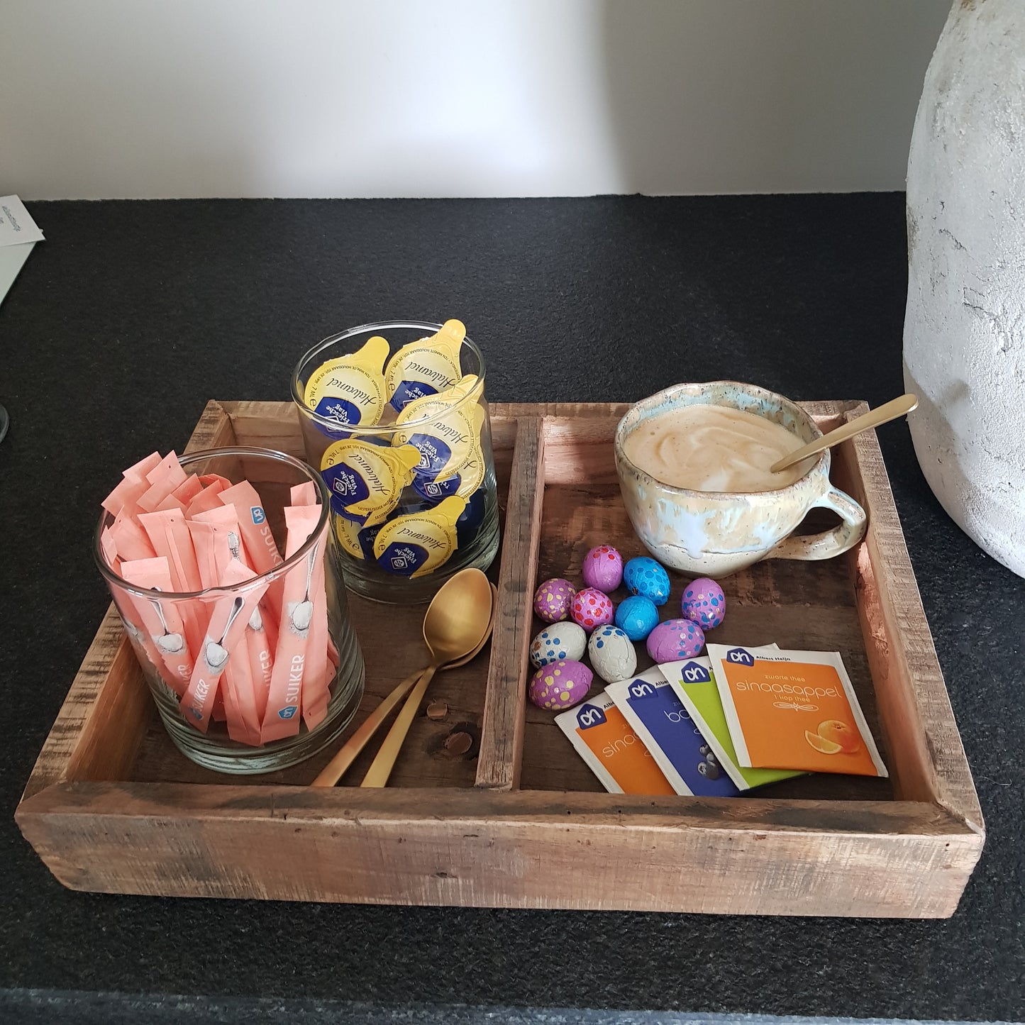 multifunctioneel houten dienblad met 2 vakken